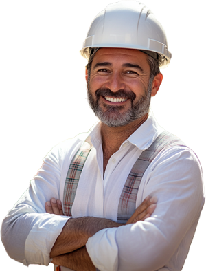 Un homme avec un casque de chantier, les bras croisés, souriant joyeusement