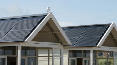 Cabanes de plage avec toits solaires et une mouette perchée sur le toit